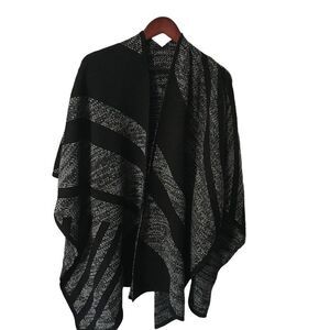 Open Front Knit Black Grey Gray Poncho Cardigan Sweater One Size Boho Western
